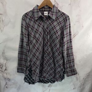 CAbi Shirt Women Small Grey Purple Button Up Plaid Frayed Highland Longline 3946
